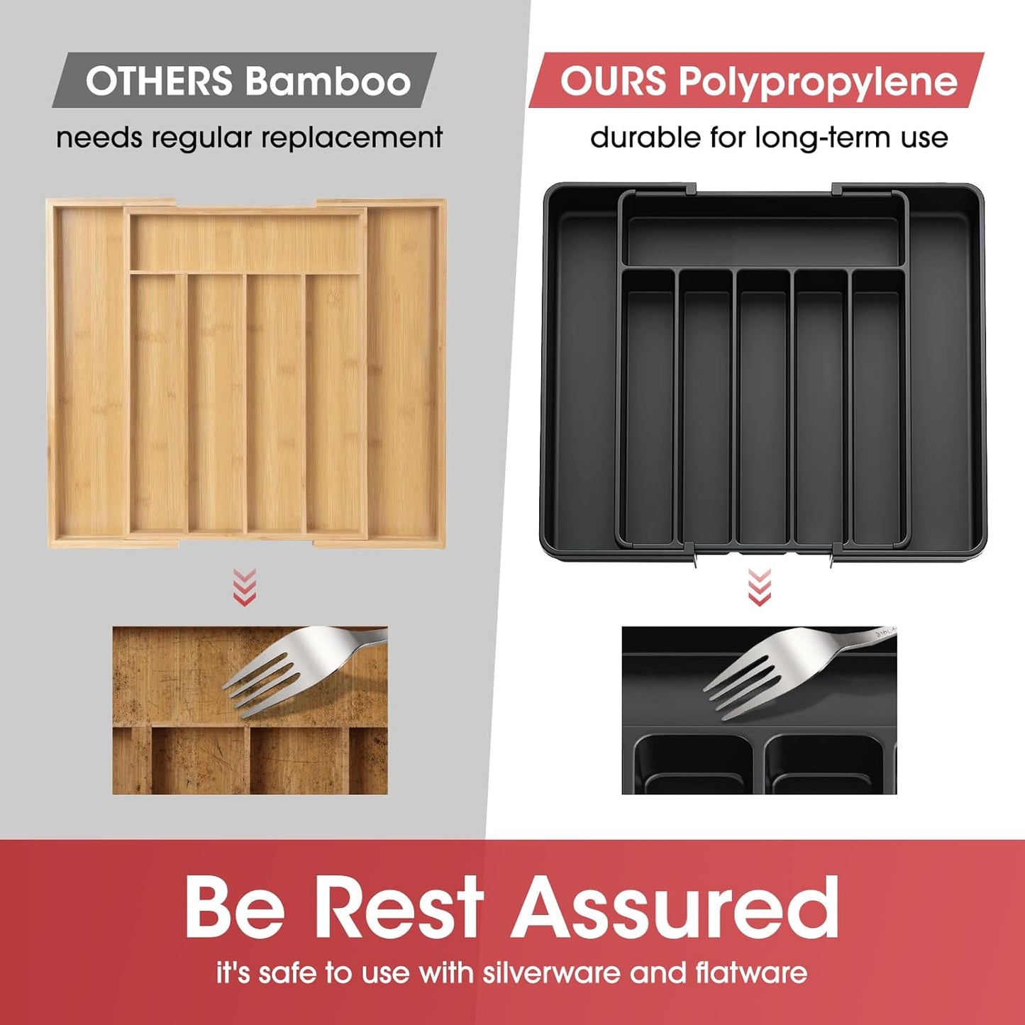 Aujen Cutlery Drawer Organiser - Expandable Kitchen Drawer Storage Organiser, Adjustable Cutlery Tray, Multipurpose Utensil Organisation for Forks, Knives, Black, 34 x 4 x 26~50 cm