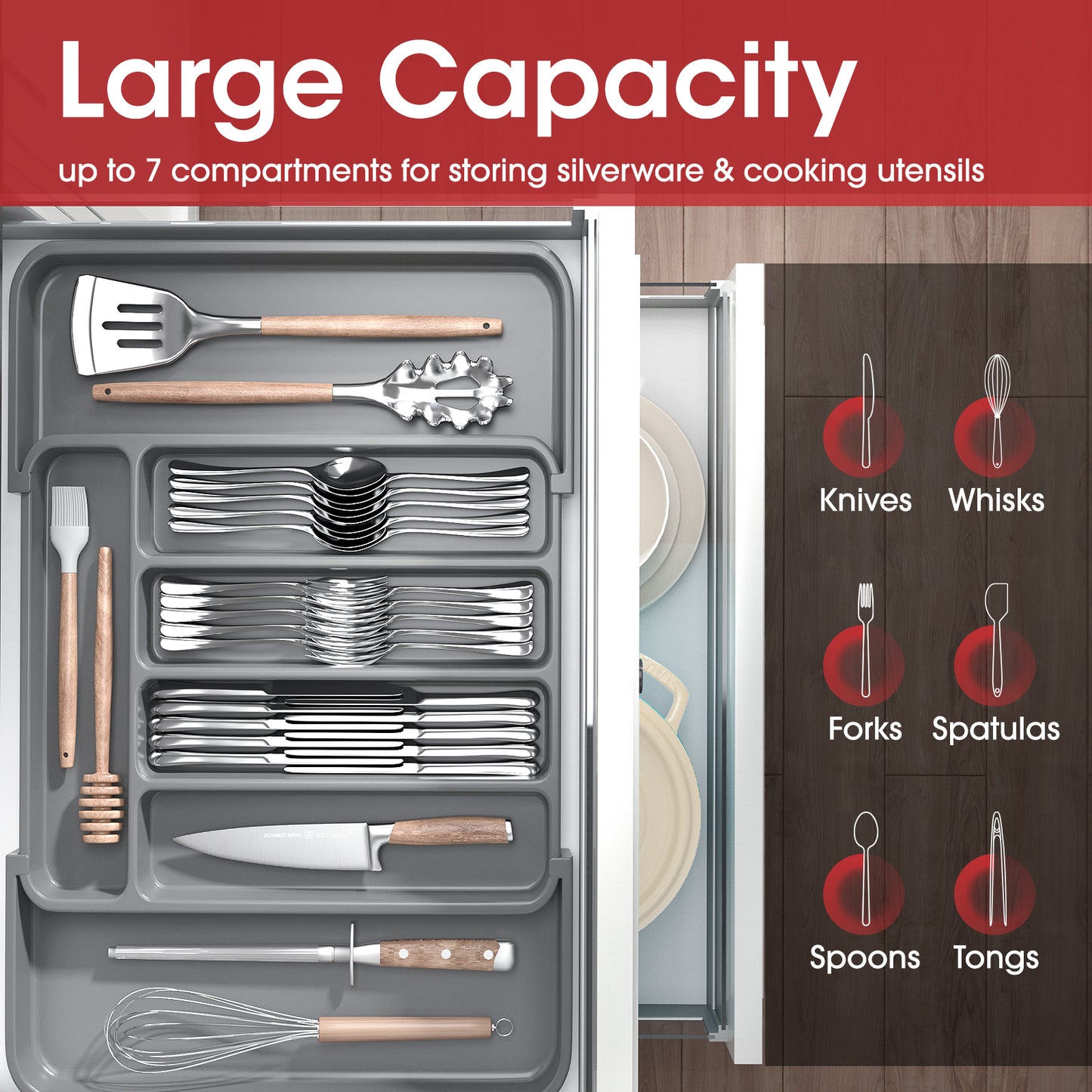 Aujen Cutlery Drawer Organiser - Expandable Kitchen Drawer Organiser, Adjustable Cutlery Tray, Utensil Drawer Organiser for Forks, Knives, Multipurpose Kitchen Storage & Organisation Solution