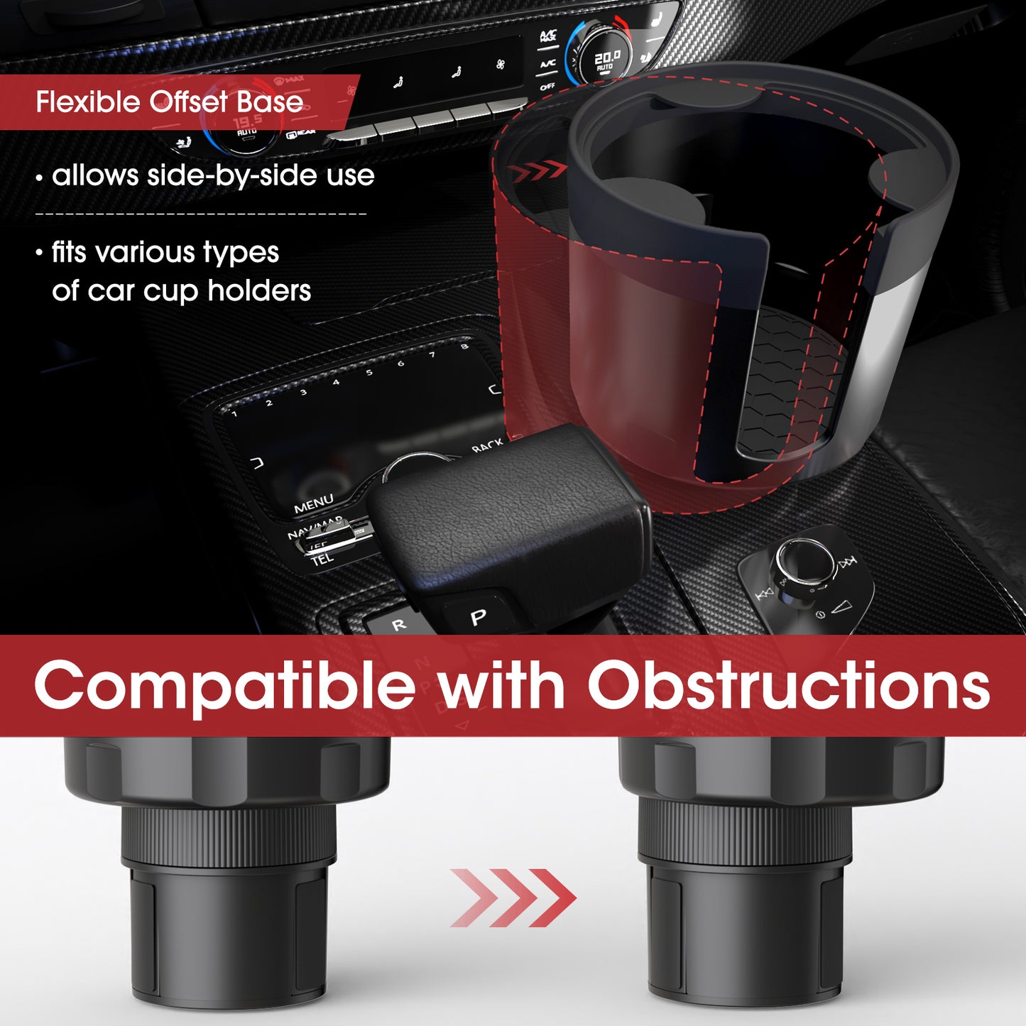 AUJEN Cup Holder Expander for Car - Upgraded Cup Holder w/Offset Option, Adjustable Car Cup Holder Expander, Versatile Car Accessories, Fit Hydro, Yeti, Nalgene, Large Bottles & Big Drinks