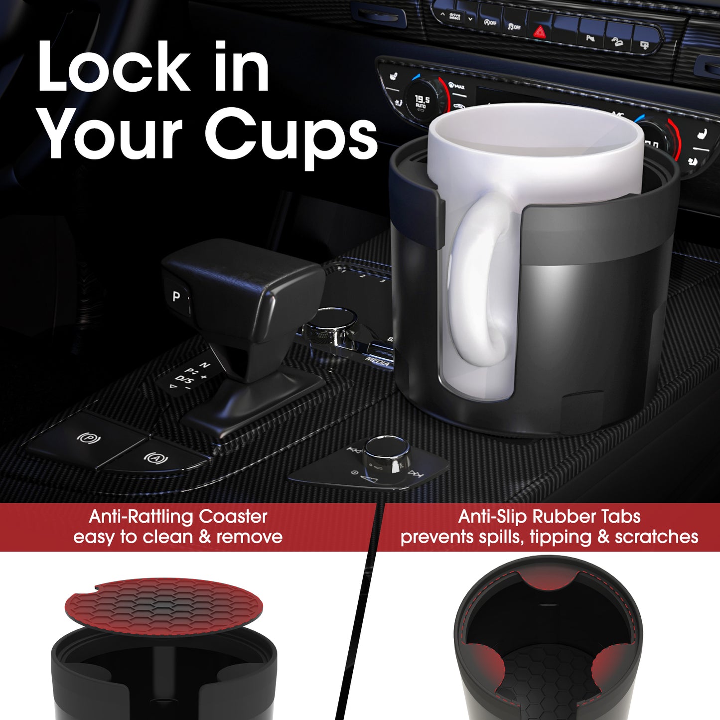 AUJEN Cup Holder Expander for Car - Upgraded Cup Holder w/Offset Option, Adjustable Car Cup Holder Expander, Versatile Car Accessories, Fit Hydro, Yeti, Nalgene, Large Bottles & Big Drinks