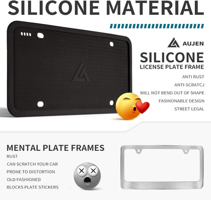 Aujen Silicone License Plate Frames Black, 1 Pack Car License Plate Frame, Universal US Car Black License Plate Holders Brackets Rust-Proof, Rattle-Proof, Weather-Proof Car Accessories(Black)