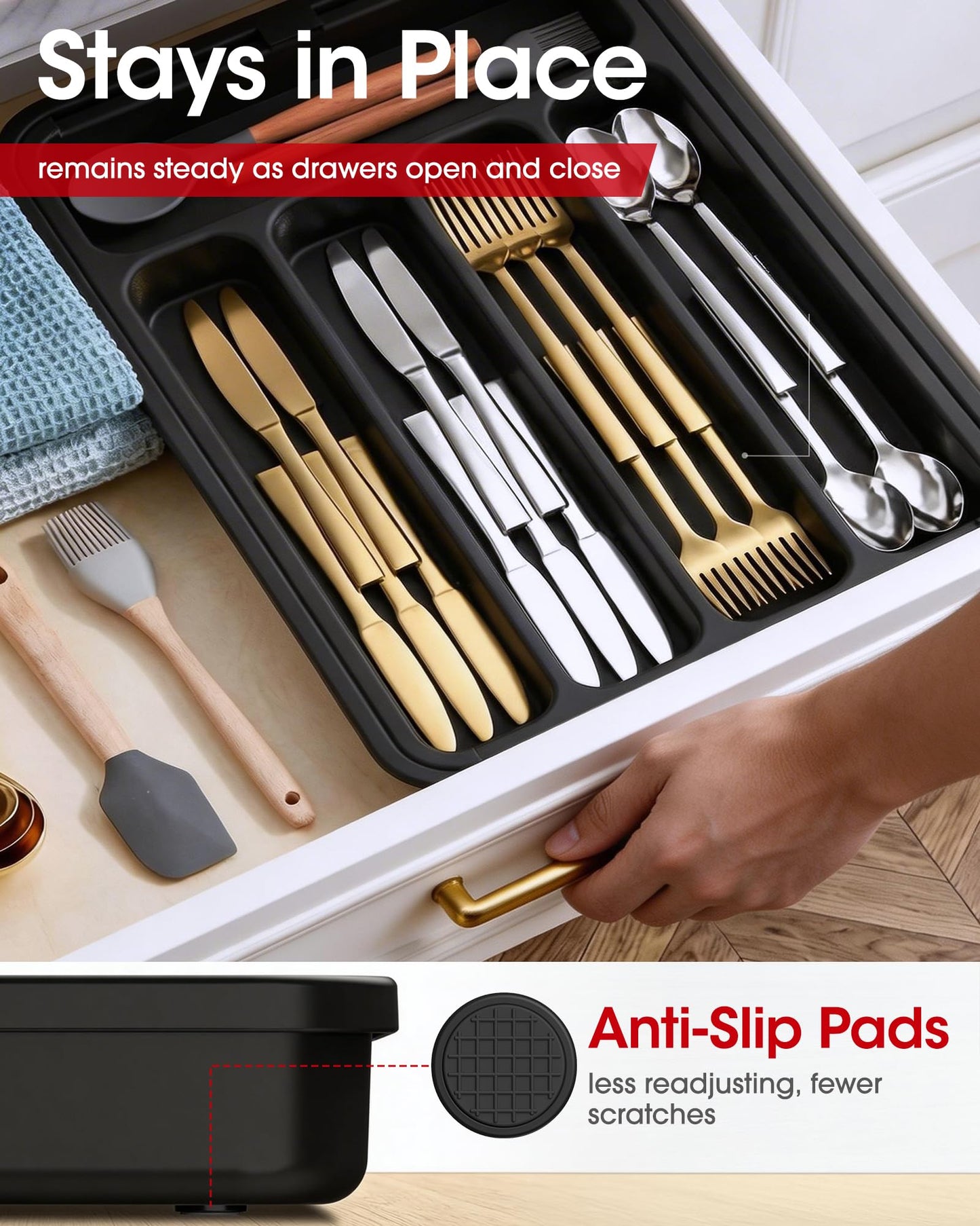 Aujen Silverware Organizer - Expandable Kitchen Drawer Organizer, Adjustable Utensil Organizer, Cutlery Tray for Forks, Knives, Multipurpose Kitchen Organizers and Storage Solution, Black, Medium